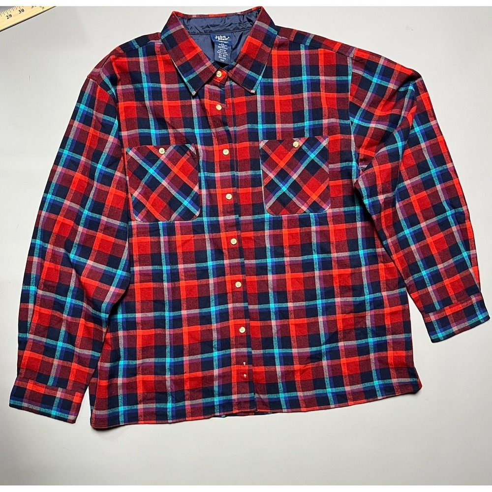 John Blair Men's XL Red Blue Green Plaid Flannel Button-Up Shirt w/ Pocket
